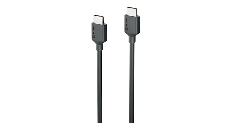 Front view of a black HDMI Cable to HDMI cable with slim connector housings and straight cable ends Front view of a black HDMI Cable to HDMI cable with slim connector housings and straight cable ends