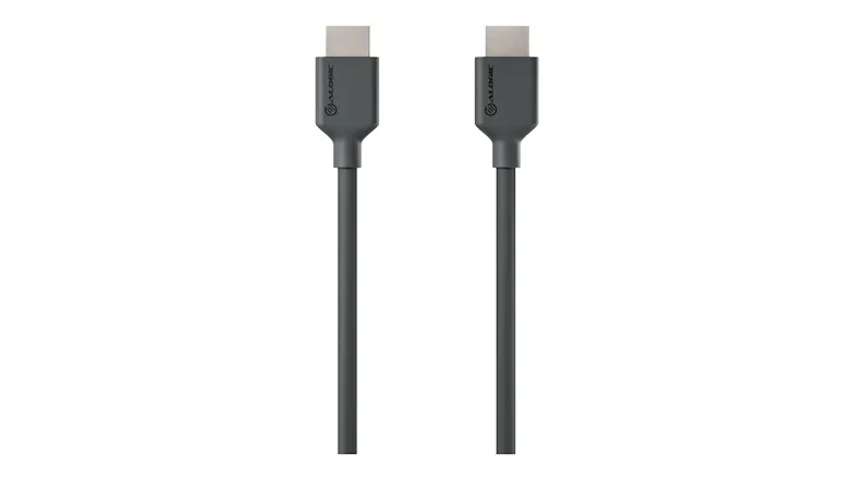 Front view of a black HDMI to HDMI cable with straight connectors and slim moulded housings Front view of a black HDMI to HDMI cable with straight connectors and slim moulded housings