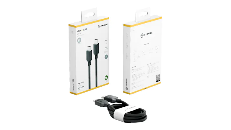 Retail packaging and coiled black HDMI cable with front and rear box views Retail packaging and coiled black HDMI cable with front and rear box views
