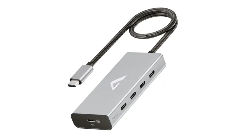 Angled view of a space greyUSB-C hub with a braided cable, featuring four USB-C ports and a compact aluminium design Angled view of a space greyUSB-C hub with a braided cable, featuring four USB-C ports and a compact aluminium design