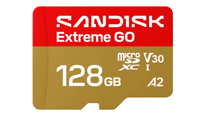 Front view of a SanDisk Extreme GO 128GB microSDXC memory card in red and gold Front view of a SanDisk Extreme GO 128GB microSDXC memory card in red and gold