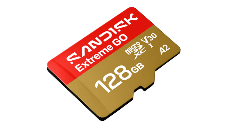 An angled view of a SanDisk Extreme GO 128GB microSDXC card, displaying its V30 and A2 ratings An angled view of a SanDisk Extreme GO 128GB microSDXC card, displaying its V30 and A2 ratings