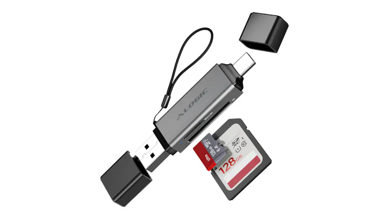 Angled view of an ALOGIC Flash Mini USB-C/USB-A to SD and microSD Card Reader Adapter with SD and microSD slots, removable caps, and a wrist strap Angled view of an ALOGIC Flash Mini USB-C/USB-A to SD and microSD Card Reader Adapter with SD and microSD slots, removable caps, and a wrist strap