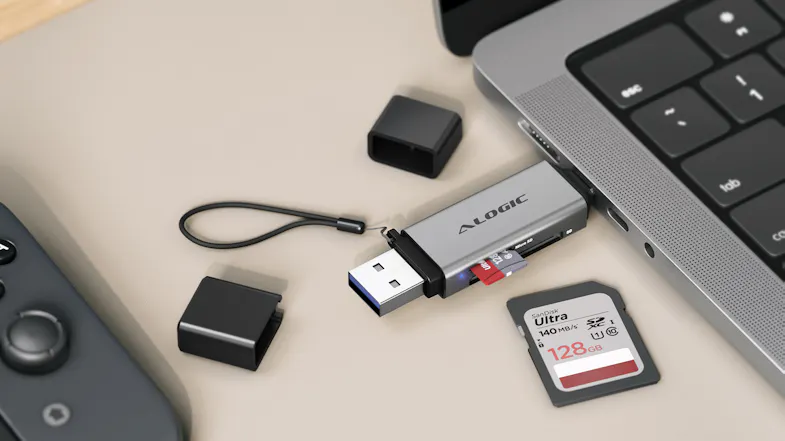 ALOGIC dual-interface card reader connected to a laptop, with an inserted microSD card and an SD card beside it ALOGIC dual-interface card reader connected to a laptop, with an inserted microSD card and an SD card beside it