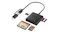 Black Alogic Flash Maxi USB-C/USB-A to Multi-Card Reader Adapter with a braided USB-C and USB-A combo cable, surrounded by memory cards Black Alogic Flash Maxi USB-C/USB-A to Multi-Card Reader Adapter with a braided USB-C and USB-A combo cable, surrounded by memory cards