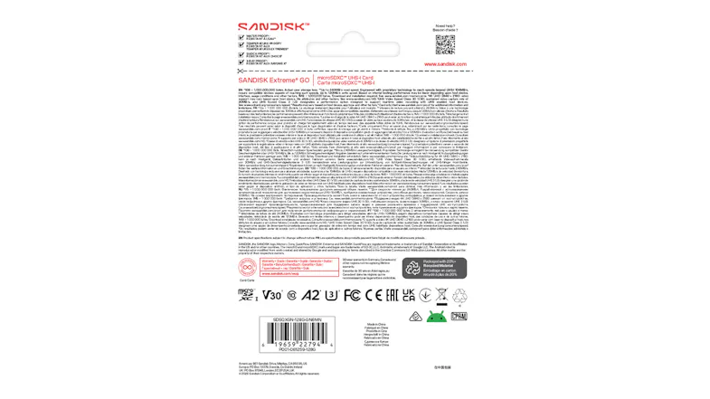 Back view of SanDisk Ultra GO 128GB microSDXC UHS-I card packaging showing barcode, specifications, and icons Back view of SanDisk Ultra GO 128GB microSDXC UHS-I card packaging showing barcode, specifications, and icons