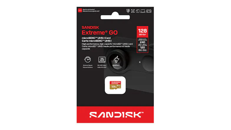 Front view of SanDisk Ultra GO 128GB microSDXC UHS-I card retail packaging with white, red, and grey design Front view of SanDisk Ultra GO 128GB microSDXC UHS-I card retail packaging with white, red, and grey design