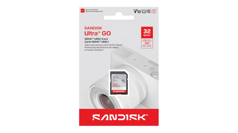 SanDisk Ultra GO 32GB SDHC UHS-I memory card retail packaging with a camera graphic and red branding SanDisk Ultra GO 32GB SDHC UHS-I memory card retail packaging with a camera graphic and red branding