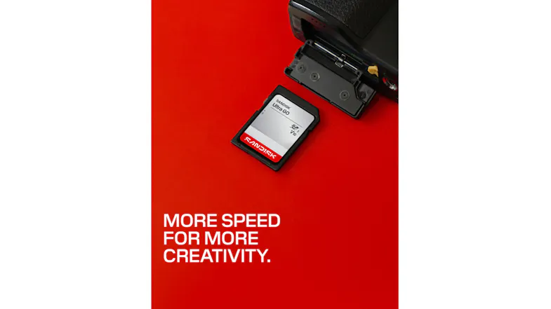 Angled view of a SanDisk Ultra GO SD card beside an open camera memory card slot on a red background Angled view of a SanDisk Ultra GO SD card beside an open camera memory card slot on a red background