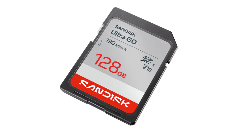 Angled view of a SanDisk Ultra GO 128GB SDHC UHS-I memory card with a black casing and silver front label Angled view of a SanDisk Ultra GO 128GB SDHC UHS-I memory card with a black casing and silver front label
