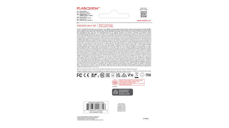 Back view of SanDisk Ultra GO 128GB SDHC UHS-I memory card retail packaging with product information and a barcode Back view of SanDisk Ultra GO 128GB SDHC UHS-I memory card retail packaging with product information and a barcode