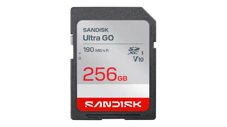 Front view of a SanDisk Ultra GO SD Card - 256GB (SDHC, UHS-I, Class 10, U1, V10, A1, Read 190 MB/s) with a black frame, silver label, and red capacity marking Front view of a SanDisk Ultra GO SD Card - 256GB (SDHC, UHS-I, Class 10, U1, V10, A1, Read 190 MB/s) with a black frame, silver label, and red capacity marking