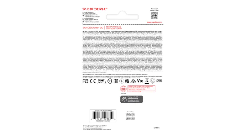Back view of SanDisk Ultra GO 256GB SDHC UHS-I memory card retail packaging with product information and a barcode Back view of SanDisk Ultra GO 256GB SDHC UHS-I memory card retail packaging with product information and a barcode