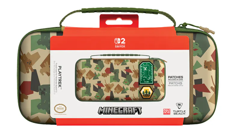 Minecraft Nintendo Switch 2 Carrying Case in retail packaging, featuring a character print and removable badge patches Minecraft Nintendo Switch 2 Carrying Case in retail packaging, featuring a character print and removable badge patches
