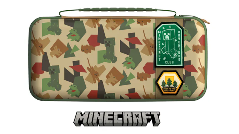 Front View of a Minecraft Nintendo Switch carrying case with green trim, a character print, and badge patches Front View of a Minecraft Nintendo Switch carrying case with green trim, a character print, and badge patches