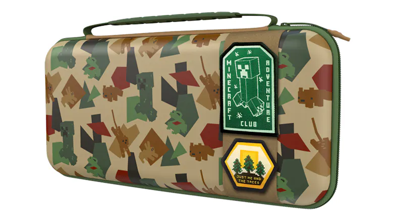 Front Angled View of a travel case for the Nintendo Switch 2 storage case, featuring green trim, an all-over character print, and badge patches Front Angled View of a travel case for the Nintendo Switch 2 storage case, featuring green trim, an all-over character print, and badge patches