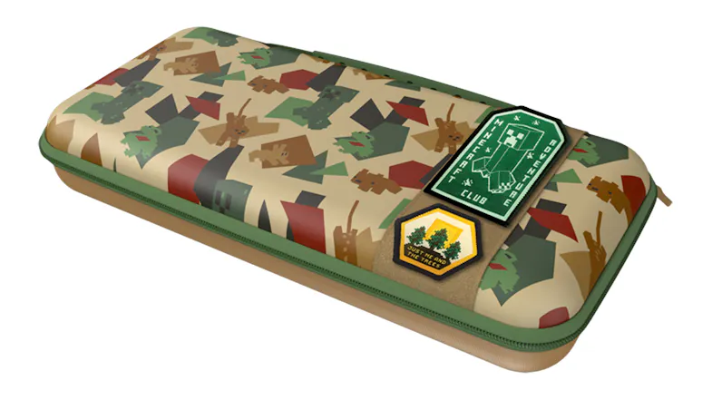 Top Angled View of a travel case for the Nintendo Switch 2 shell storage case, featuring green trim, a character-print design, and removable patches Top Angled View of a travel case for the Nintendo Switch 2 shell storage case, featuring green trim, a character-print design, and removable patches