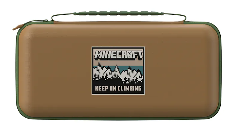 Bottom View of a travel case hard-shell storage case, featuring a tan textured finish, green trim, and a logo patch Bottom View of a travel case hard-shell storage case, featuring a tan textured finish, green trim, and a logo patch