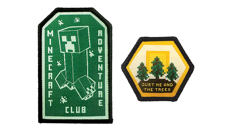 Minecraft Embroidered Patch Set, featuring a green Creeper badge and a yellow tree badge Minecraft Embroidered Patch Set, featuring a green Creeper badge and a yellow tree badge