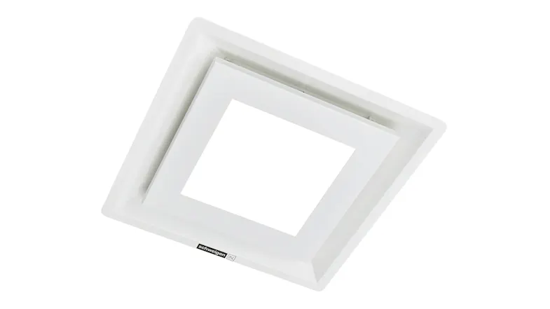 Angled view of a single white Schweigen Paradigma square ceiling rangehood module Angled view of a single white Schweigen Paradigma square ceiling rangehood module