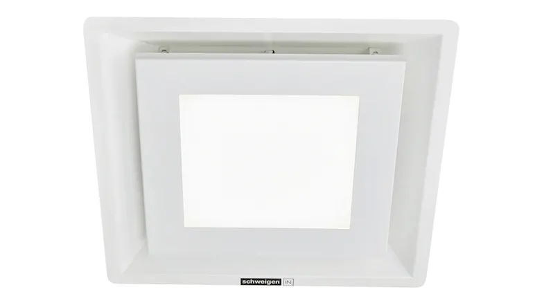 Bottom-up view of a single white Schweigen Paradigma ceiling cassette rangehood Bottom-up view of a single white Schweigen Paradigma ceiling cassette rangehood