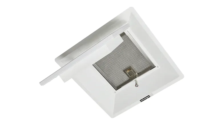 Open cover of a white Schweigen Paradigma ceiling rangehood showing mesh filter Open cover of a white Schweigen Paradigma ceiling rangehood showing mesh filter