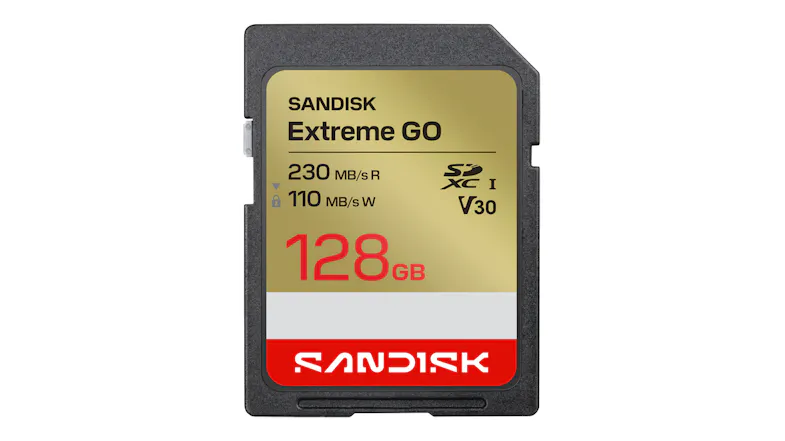 Front view of a SanDisk Extreme GO SD Card - 128GB (SDXC UHS-I, Class 10, U3, V30, Read 230 MB/s, Write 110 MB/s), with a gold label and black housing Front view of a SanDisk Extreme GO SD Card - 128GB (SDXC UHS-I, Class 10, U3, V30, Read 230 MB/s, Write 110 MB/s), with a gold label and black housing
