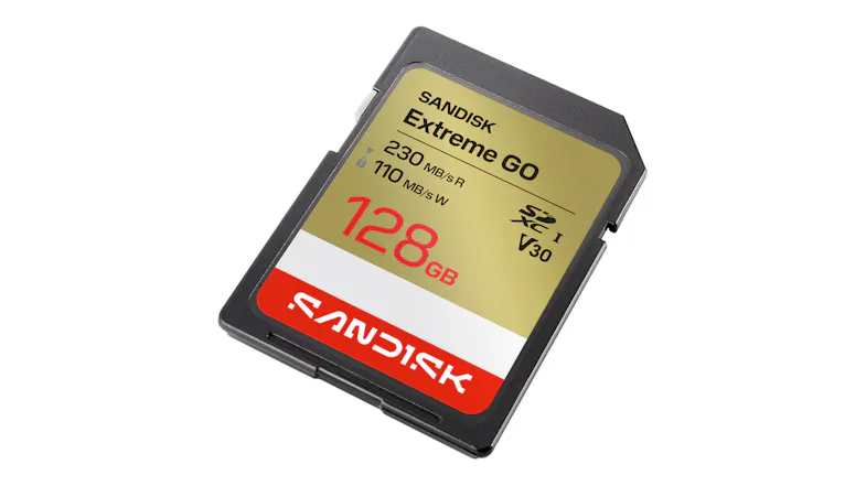 Angled view of a SanDisk Extreme GO 128GB SDXC UHS-I memory card with a gold label and black casing Angled view of a SanDisk Extreme GO 128GB SDXC UHS-I memory card with a gold label and black casing