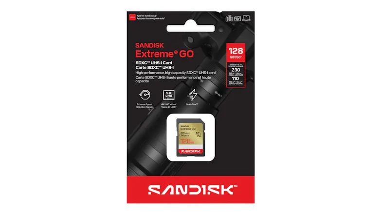 Front view of SanDisk Extreme GO 128GB SDXC UHS-I memory card retail packaging with a black and red design Front view of SanDisk Extreme GO 128GB SDXC UHS-I memory card retail packaging with a black and red design