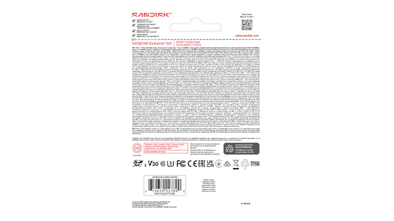 Back view of SanDisk Extreme GO 128GB SDXC UHS-I retail packaging with a barcode and product specifications Back view of SanDisk Extreme GO 128GB SDXC UHS-I retail packaging with a barcode and product specifications