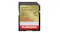 Front view of a SanDisk Extreme GO SD Card - 256GB (SDXC UHS-I, Class 10, U3, V30, Read 230 MB/s, Write 150 MB/s), with a gold label and black housing Front view of a SanDisk Extreme GO SD Card - 256GB (SDXC UHS-I, Class 10, U3, V30, Read 230 MB/s, Write 150 MB/s), with a gold label and black housing