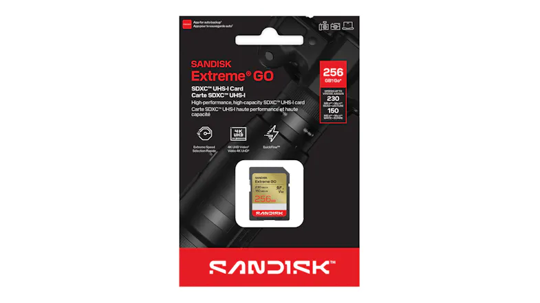 Front view of SanDisk Extreme GO 256GB SDXC UHS-I memory card retail packaging with a black and red design Front view of SanDisk Extreme GO 256GB SDXC UHS-I memory card retail packaging with a black and red design