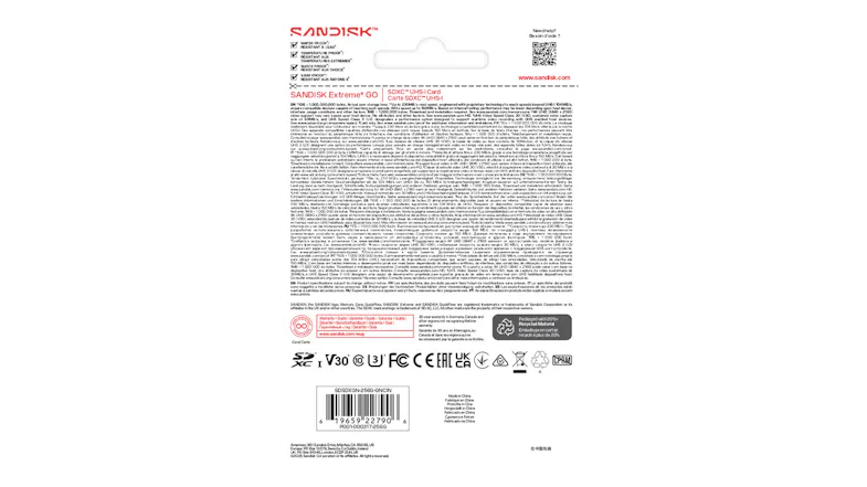 Back view of SanDisk Extreme GO 256GB SDXC UHS-I retail packaging with a barcode and product specifications Back view of SanDisk Extreme GO 256GB SDXC UHS-I retail packaging with a barcode and product specifications