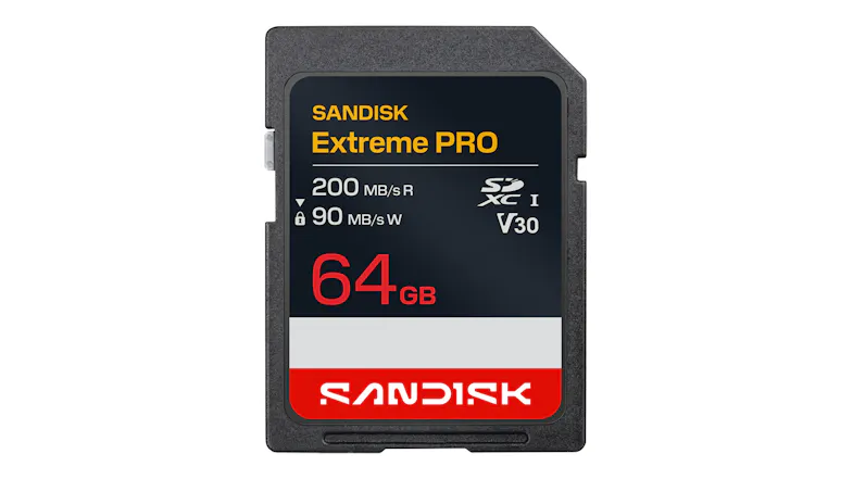 Front view of a SanDisk Extreme PRO SD Card - 64GB (SDXC, UHS-I, Class 10, U3, V30, Read 200 MB/s, Write 90 MB/s) with a black, red, and silver label design Front view of a SanDisk Extreme PRO SD Card - 64GB (SDXC, UHS-I, Class 10, U3, V30, Read 200 MB/s, Write 90 MB/s) with a black, red, and silver label design