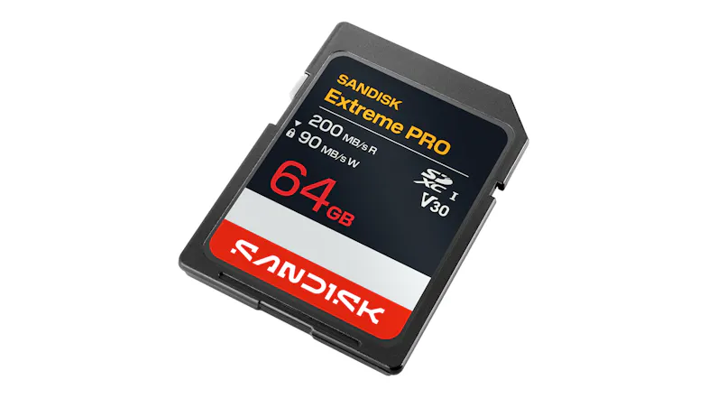 Top angled view of a SanDisk Extreme PRO 64GB SDXC UHS-I memory card with a black body and V30 rating label Top angled view of a SanDisk Extreme PRO 64GB SDXC UHS-I memory card with a black body and V30 rating label