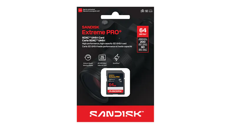 Front view of SanDisk Extreme PRO 64GB SDXC UHS-I retail packaging with a black, red, and white design Front view of SanDisk Extreme PRO 64GB SDXC UHS-I retail packaging with a black, red, and white design