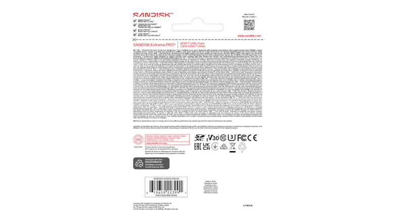 Rear view of SanDisk Extreme PRO 64GB SDXC UHS-I packaging with a barcode, specifications, and icons Rear view of SanDisk Extreme PRO 64GB SDXC UHS-I packaging with a barcode, specifications, and icons