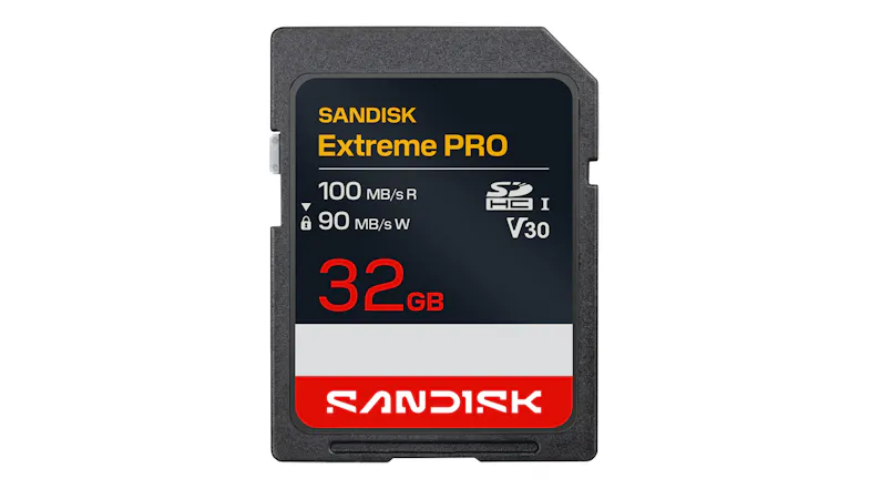 Front view of a SanDisk Extreme PRO SD Card - 32GB (SDHC, UHS-I, Class 10, U3, V30, Read 100 MB/s, Write 90 MB/s) with a black, red, and silver label design Front view of a SanDisk Extreme PRO SD Card - 32GB (SDHC, UHS-I, Class 10, U3, V30, Read 100 MB/s, Write 90 MB/s) with a black, red, and silver label design