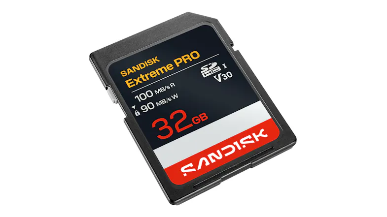 Front angled view of a SanDisk Extreme PRO 32GB SDHC UHS-I memory card with a black casing and red label Front angled view of a SanDisk Extreme PRO 32GB SDHC UHS-I memory card with a black casing and red label