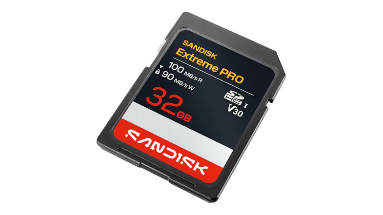 Top angled view of a SanDisk Extreme PRO 32GB SDHC UHS-I memory card with a black body and V30 rating label Top angled view of a SanDisk Extreme PRO 32GB SDHC UHS-I memory card with a black body and V30 rating label