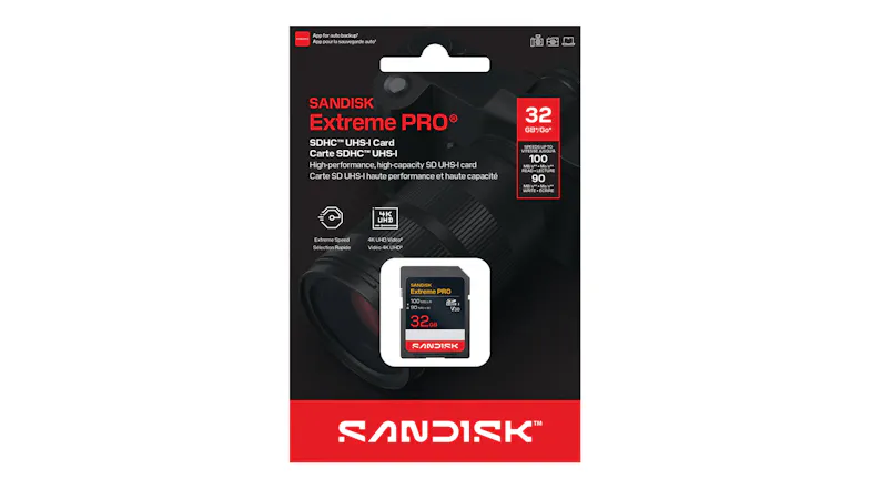 Front view of SanDisk Extreme PRO 32GB SDHC UHS-I retail packaging with a black, red, and white design Front view of SanDisk Extreme PRO 32GB SDHC UHS-I retail packaging with a black, red, and white design