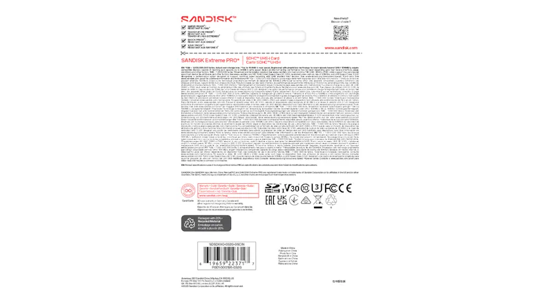Rear view of SanDisk Extreme PRO 32GB SDHC UHS-I packaging with a barcode, specifications, and icons Rear view of SanDisk Extreme PRO 32GB SDHC UHS-I packaging with a barcode, specifications, and icons