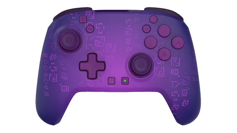 Front view of a Turtle Beach Rematch Wireless Controller for Nintendo Switch 2 featuring pink neon glyphs and a standard asymmetrical joystick layout Front view of a Turtle Beach Rematch Wireless Controller for Nintendo Switch 2 featuring pink neon glyphs and a standard asymmetrical joystick layout