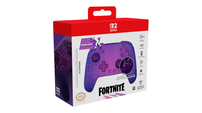 Fortnite Rematch Wireless Controller packaging for Nintendo Switch, displaying the purple controller on a white and red box Fortnite Rematch Wireless Controller packaging for Nintendo Switch, displaying the purple controller on a white and red box
