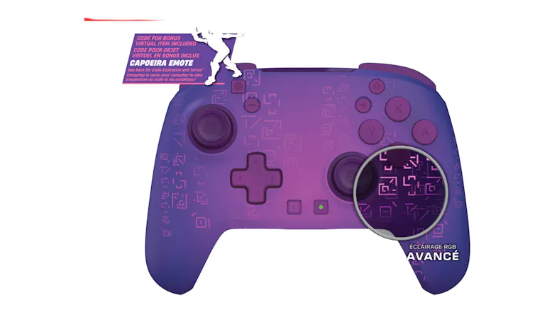 Purple Fortnite wireless controller graphic highlighting a Capoeira Emote bonus code and advanced RGB lighting features Purple Fortnite wireless controller graphic highlighting a Capoeira Emote bonus code and advanced RGB lighting features