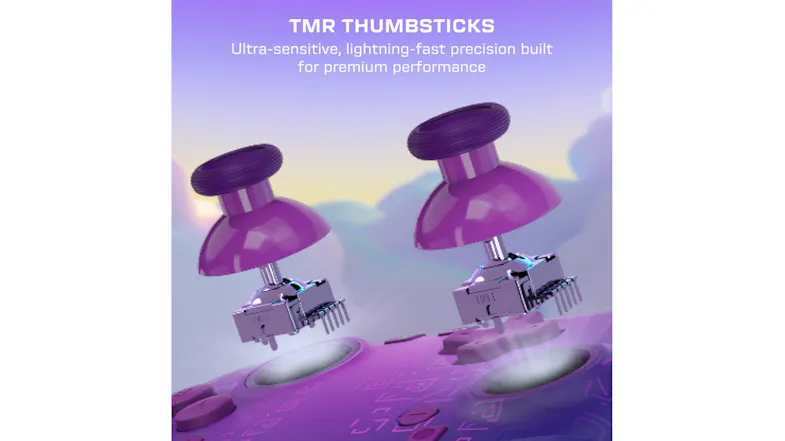 Expanded-view infographic of purple TMR thumbstick modules lifting out of a gaming controller faceplate Expanded-view infographic of purple TMR thumbstick modules lifting out of a gaming controller faceplate