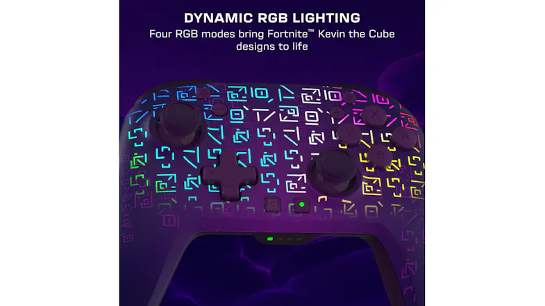 Purple gaming controller infographic showcasing dynamic multicoloured RGB lighting across glowing runic faceplate patterns Purple gaming controller infographic showcasing dynamic multicoloured RGB lighting across glowing runic faceplate patterns