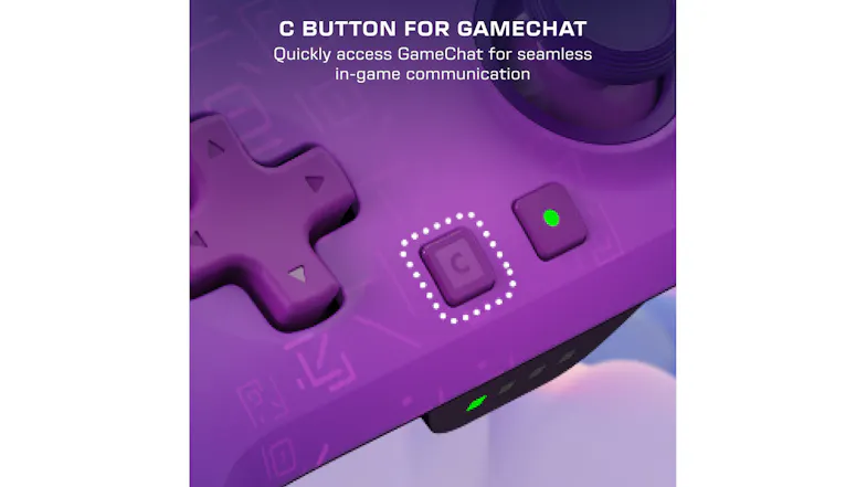 Close-up infographic of a purple controller highlighting the square GameChat function button with a white dotted border Close-up infographic of a purple controller highlighting the square GameChat function button with a white dotted border