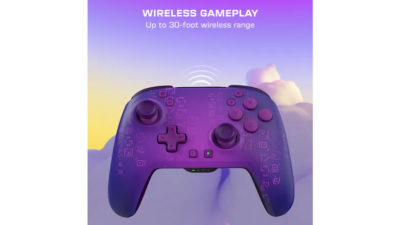 Purple wireless controller infographic showing a top-down view against a cloudy sky background with signal wave graphics Purple wireless controller infographic showing a top-down view against a cloudy sky background with signal wave graphics