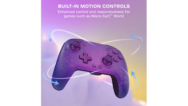 Purple gaming controller infographic angled to the right, surrounded by blue glowing arrows indicating motion controls Purple gaming controller infographic angled to the right, surrounded by blue glowing arrows indicating motion controls